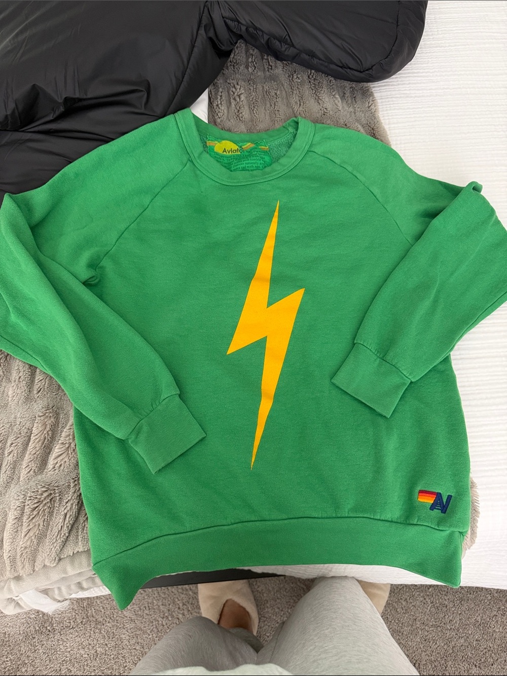 Aviator Nation Green Crewneck with Yellow Lightning Graphic